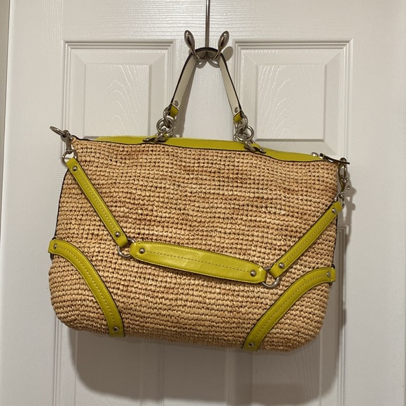 Coach Straw Satchel #23181 Silver/Natural/Lime - Picture 5 of 17